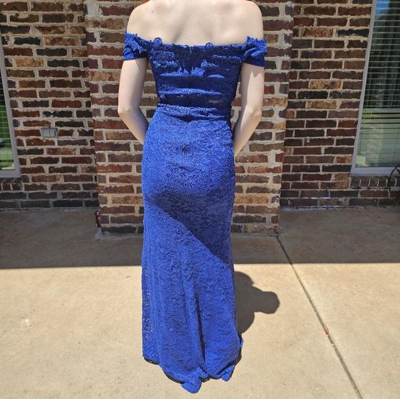 Sequin Hearts Blue Off-Shoulder Flutter Sleeve Gown - Picture 2 of 10